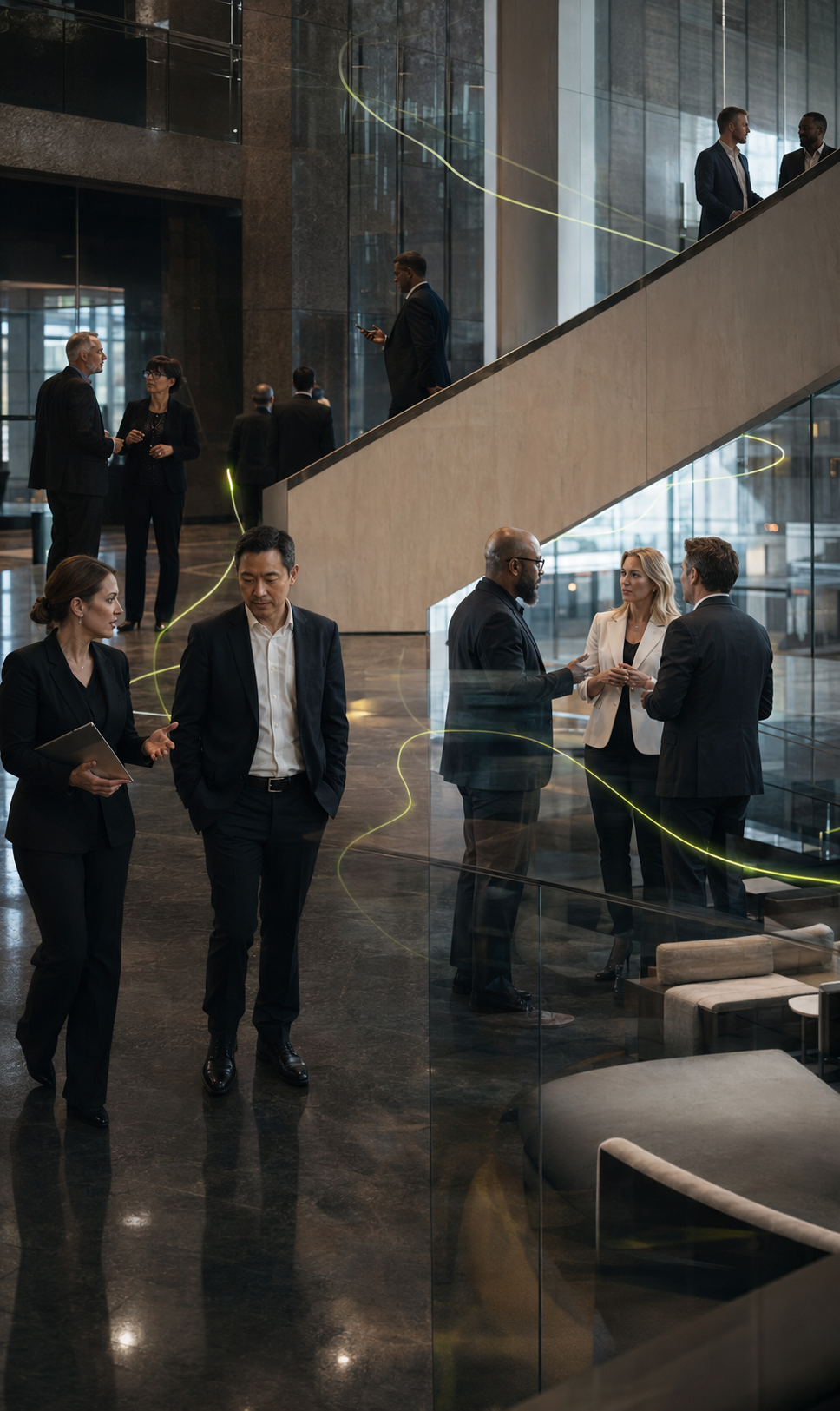 Professionals meeting inside a connected commercial network